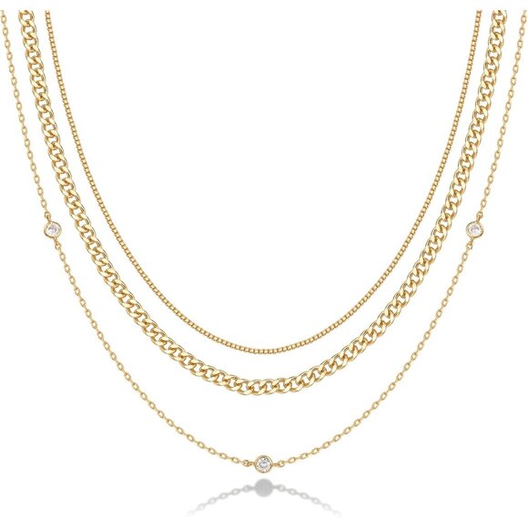 Three Layered Necklace Set - Gold Plated with Cubic Zirconia & Spring Ring Clasp - Picture 1 of 5